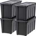 IRIS USA 31 Gallon Heavy Duty Storage Totes with Easy-Grip Handles, 4 Pack - Large Bins with Lids Garage Organizing Tubs, Durable Stackable Utility Containers, Made in USA - Black