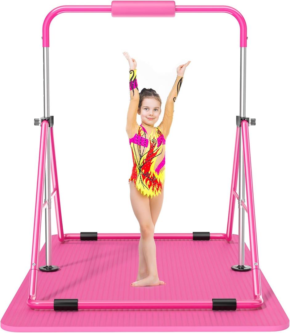 Safly Fun Gymnastics Bar with Mat for Kids 3-9, Foldable & Adjustable 35"-51", Supports 142Lbs with Pad, Easy to Assemble, Gymnastics Equipment for Indoor/ Outdoor Training