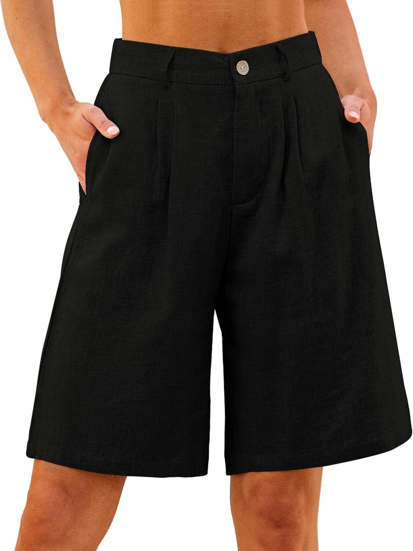 Luvamia Bermuda Shorts for Women High Waisted Linen Dressy Casual Pleated Wide Leg Summer Shorts with Elastic Waist (Black, XL)