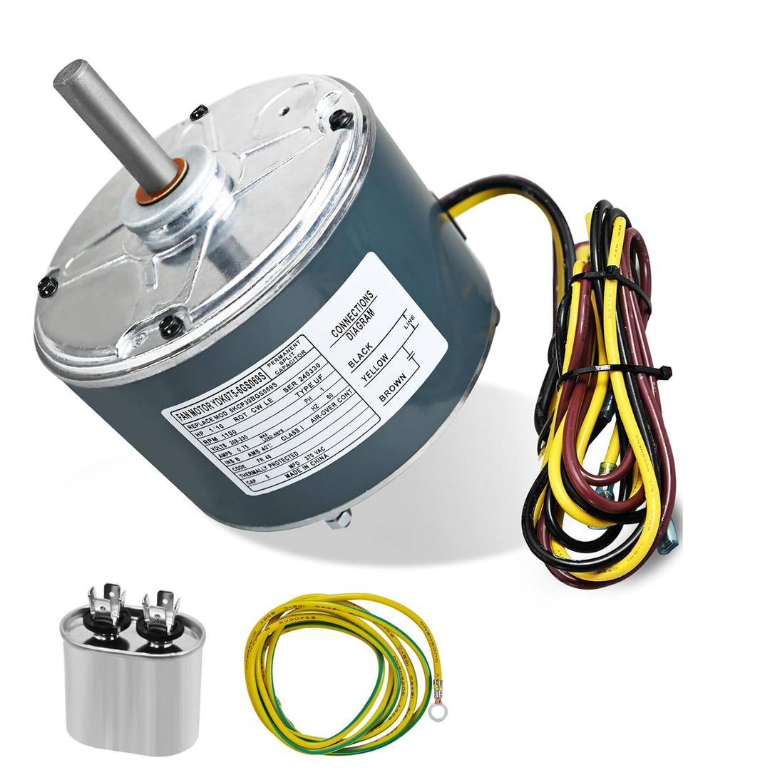 Condenser Fan Motor Replacement for Carrier 5KCP39BGS069S , 1/10hp, 0.75 amps, 1100 RPM, 60HZ, 208-230V, # G3907, GE 3907, Genteq # 3S001, Dayton # 6DLL0 + Capacitor