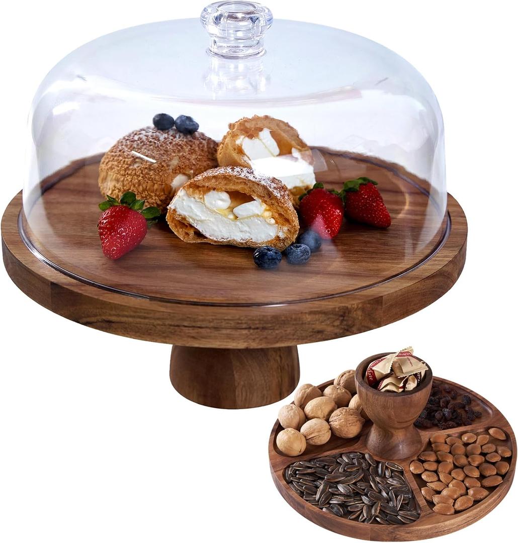 Cake Stand with Lid, Multi-Functional 12in Round Cake Holder, Acacia Wood 2-in-1 Dessert Table Display Set, Charcuterie Board for Cheese ,Fruit Platter, Large Acrylic Cake Dome Cover