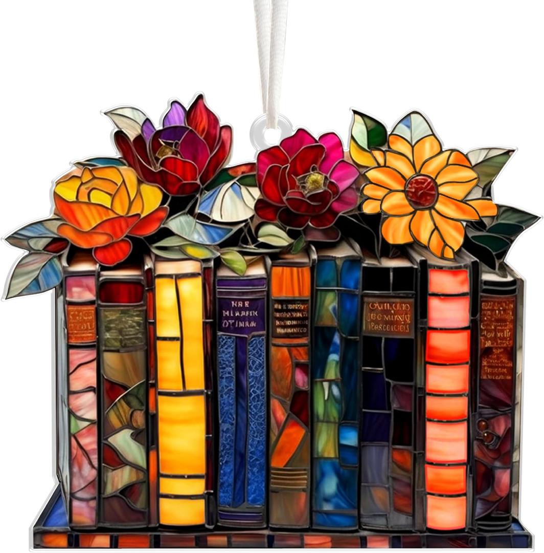 Book Lovers Gifts for Women, Valentines Day Gifts for Teacher, Librarian, Reader, Bookworm, Book Ornament Faux Stained Glass Window Hanging, Bookish Gifts Stocking Stuffer Decor (Floral Shelf)