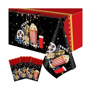 Buryeah 3 Pieces Movie Night Tablecloth Plastic Table Covers Movie Theater Table Cloth for Party Supplies Red Carpet Birthday Party Decor, 54 x 108 Inch