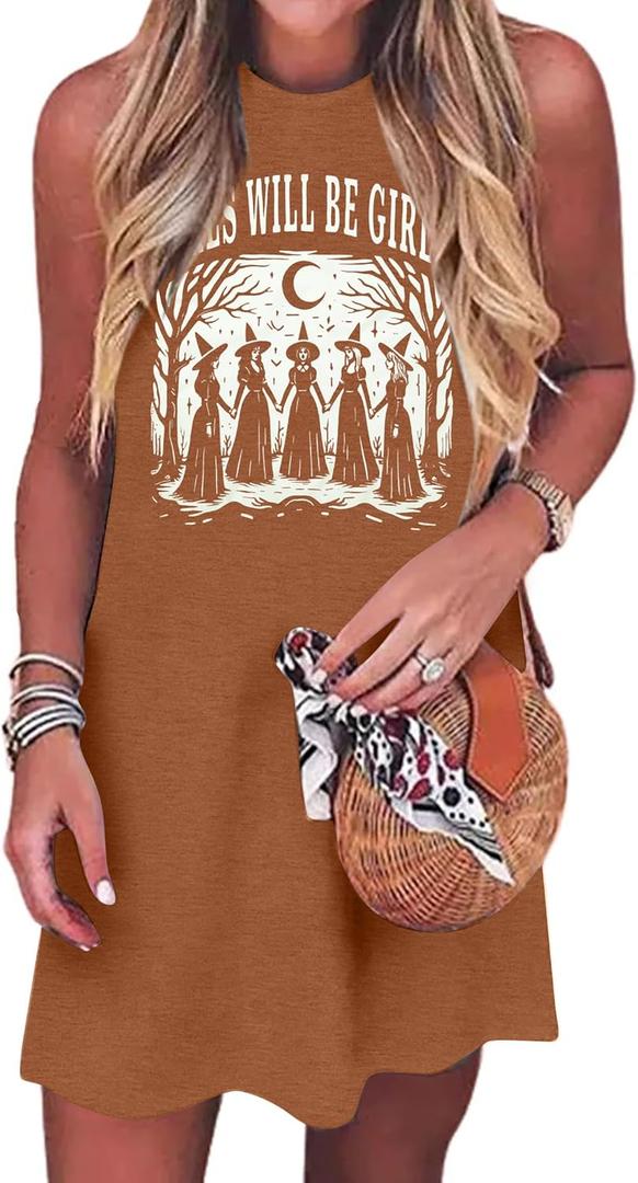 Summer Sundress for Women Graphic Mini Tank Dress Sleeveless Beach Dresses Short Casual Sun Dresses (Brown, M)
