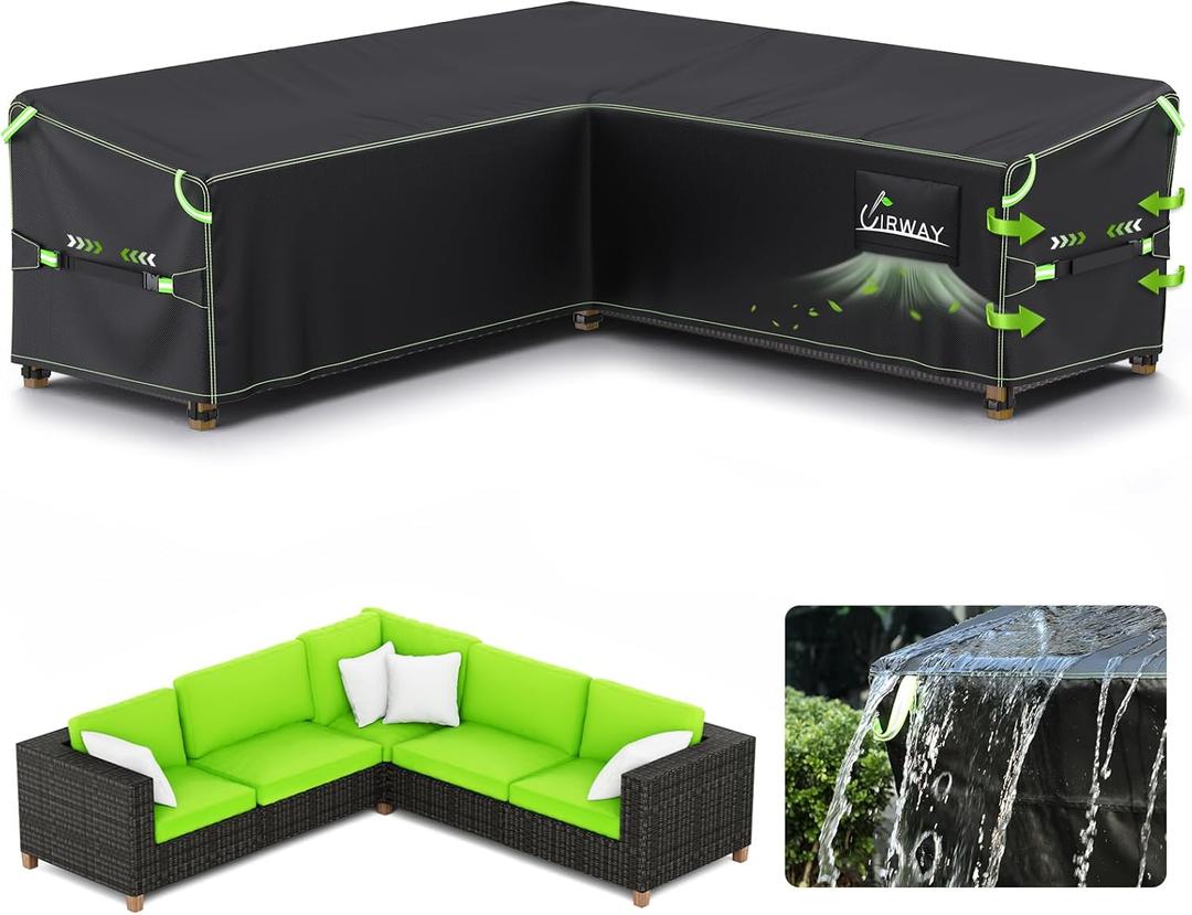 UIRWAY V-Shape Outdoor Sectional Sofa Cover Waterproof with Air Vent, 118" L/118" L x 33.5" D x 31" H, Heavy Duty Patio Furniture Covers, Outdoor Couch Cover with Reflective Strips