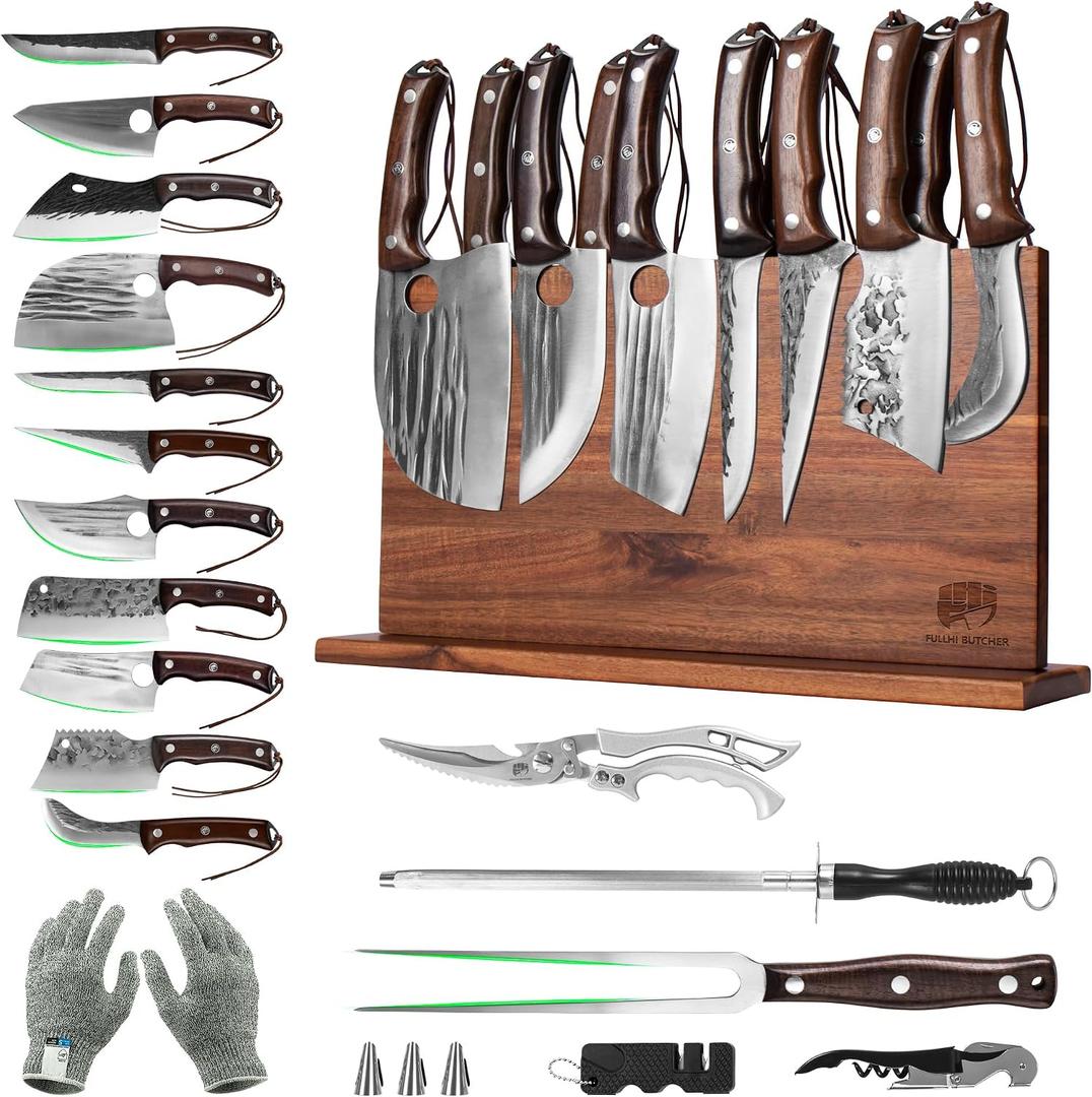 FULLHI 19pcs Butcher Chef Knife Block Set with Meat Fork Scissors Knife Holder, High Carbon Steel Full Tang Cleaver Kitchen Knife Set for Home, BBQ, Camping