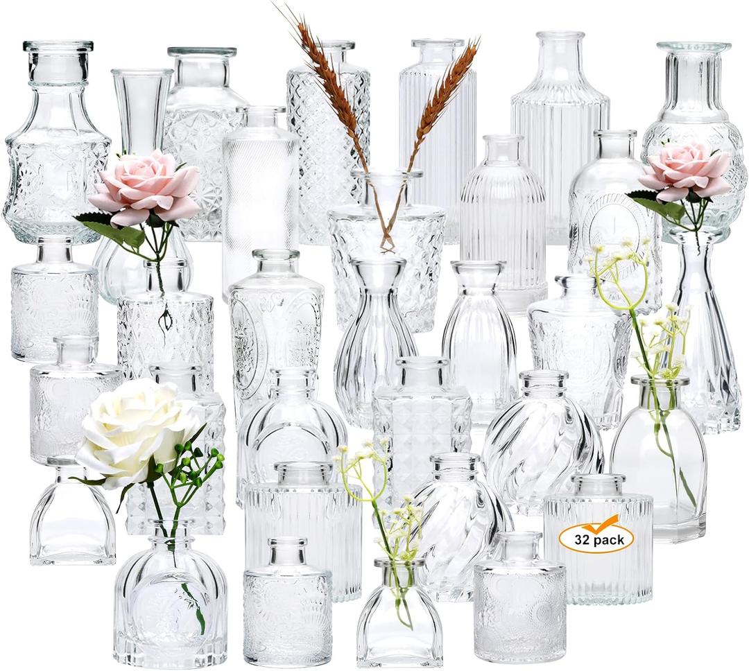 Brajttt Glass Bud Vase Set of 32 pcs,Bud Vases in Bulk,Small Vases for Centerpieces, Mini Flower Vase Bulk for Rustic Wedding Home Table Decorations (Clear)