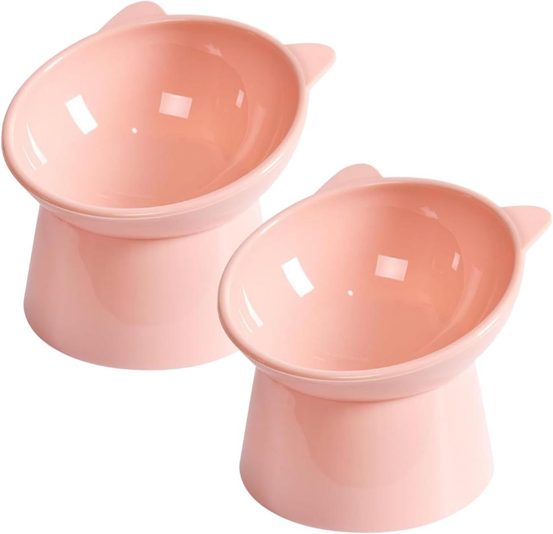 Tilted Elevated Cat Food Bowl - Cat Bowls Whisker Friendly Anti Vomiting Slanted Cats Feeding Bowls Cute Shallow Cats Bowl (2pcs/Pink)