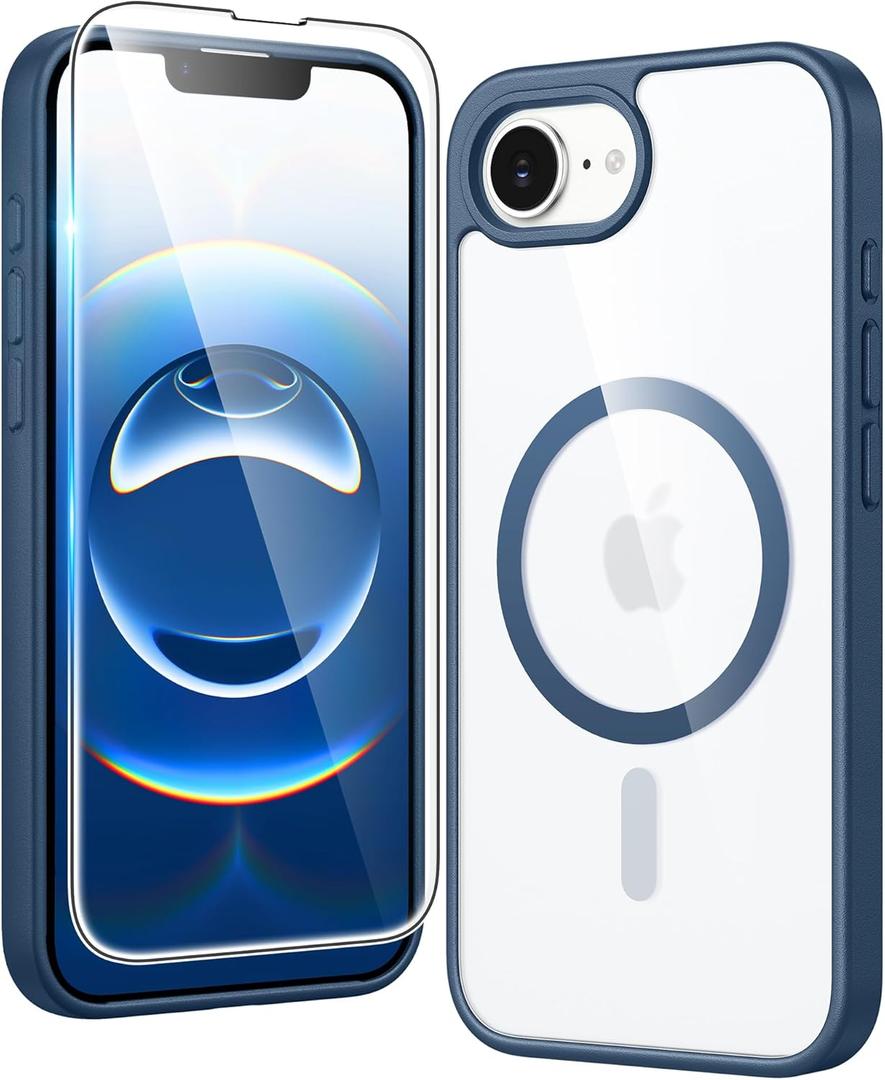 FNTCASE for iPhone 17e & iPhone 16e Case Clear: Magnetic Phone Cases with Screen Protector Drop Proof Compatible with Magsafe Anti Yellowing Shockproof Protective Transparent Cell Cover (B-Blue)