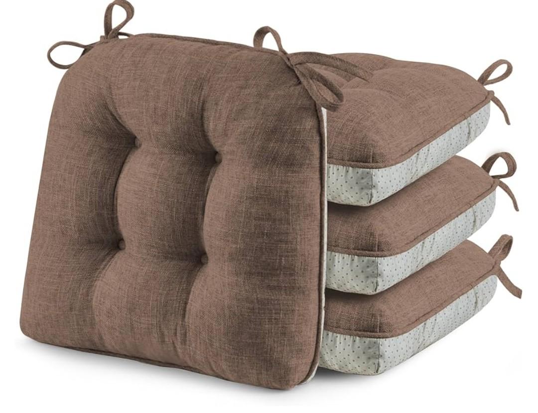 puredown® Chair Cushions for Dining Chairs, Tufted Memory Foam Chair Pads with NonSlip Backing, Kitchen Seat Cushions with Ties, Washable Seat Pad Set of 4, 15.5" x 15.5" x 4", Coffee