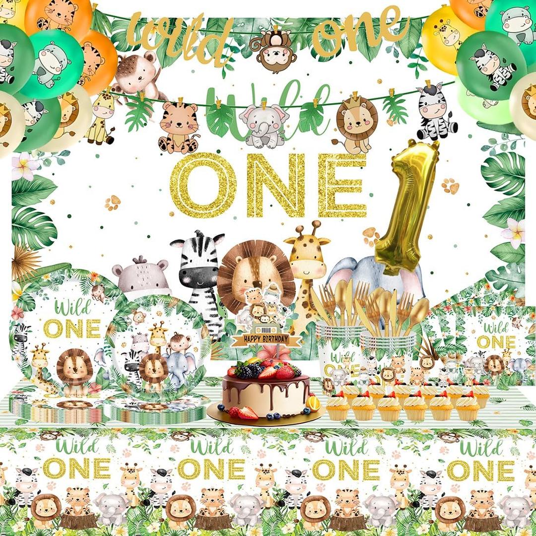 177 PCS Wild One Birthday Decorations, Jungle Adventure Birthday Decorations Include Animal Plates, Napkins, Tablecloth, Backdrop and Other Supplies Suitable for Baby Party, Can Serve 20 Guests