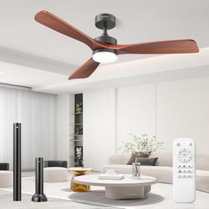 Ceiling Fans with Lights and Remote 52 Inch, 3 Solid Wood Blades, 2 Downrods, DC Motor, Timer, Dimmable, Indoor Outdoor Modern Low Profile Ceiling Fan for Bedroom, Living Room, Kitchen, Patio