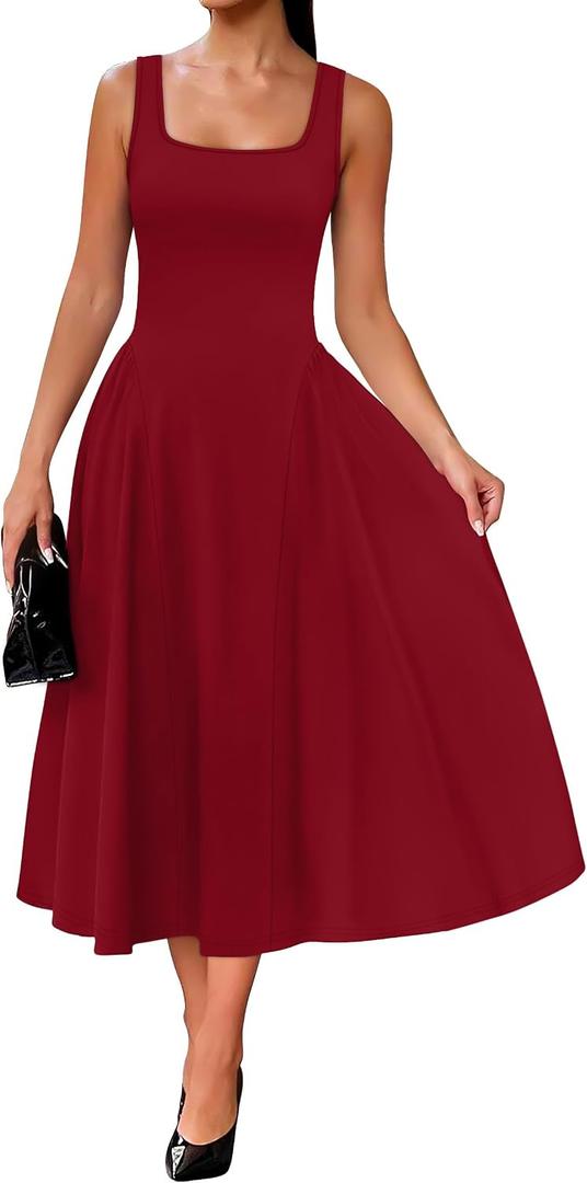 OFEEFAN Summer Dresses for Women Square Neck Corset A Line Maxi Dress Ruffle Ruched Waist Flowy Outfits (Red, S)