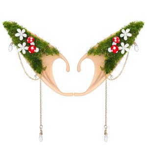 Renaissance Fairy Mushroom Elf Ears - Forest Ear Cuffs with White Mushroom Moss and Flower Non Piercing Earrings Ear Clips Wraps for Women Cosplay Christmas Halloween Renaissance Costume Accessories