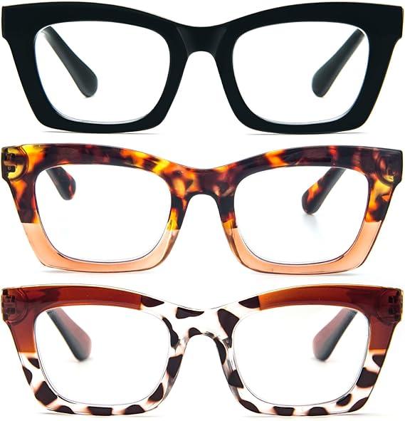 KoKoBin 3 Pack Oprah Style Reading Glasses for Women Blue Light Blocking, Cute Oversized Square Computer Readers Spring Hinge, +2.00