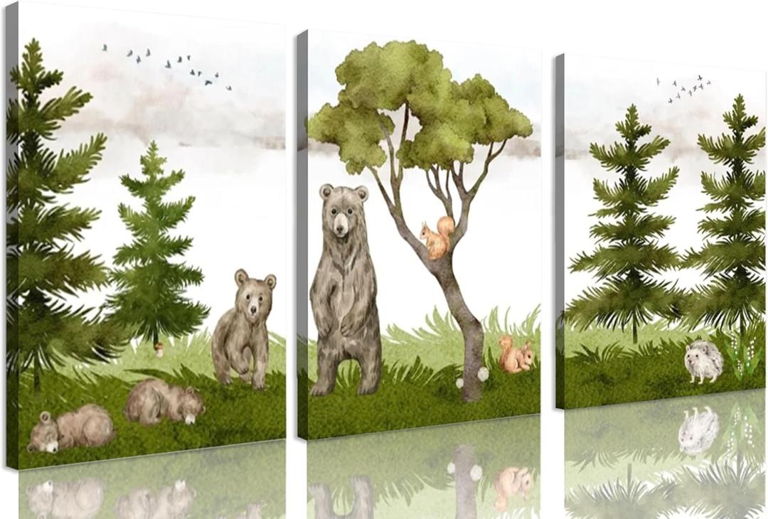 Woodland Nursery Wall Art Decor Forest Wild Animals Wall Art Prints Canvas Posters Brown Bear Squirrel Pine Tree Watercolor Poster Printing Artwork For Classroom Children's Room Wall Decoration