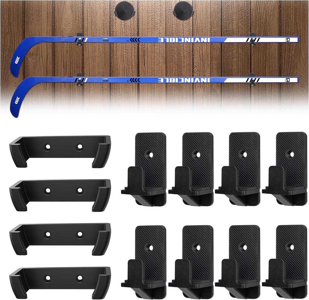 Hikeen 4 Pcs Hockey Stick Wall Mount Set,Hockey Stick and Puck Display Holder w/Protective Soft Liner,Ice Hockey Stick Wall Mount for Decor & Storage, Display Game Winning Hockey Stick and Puck