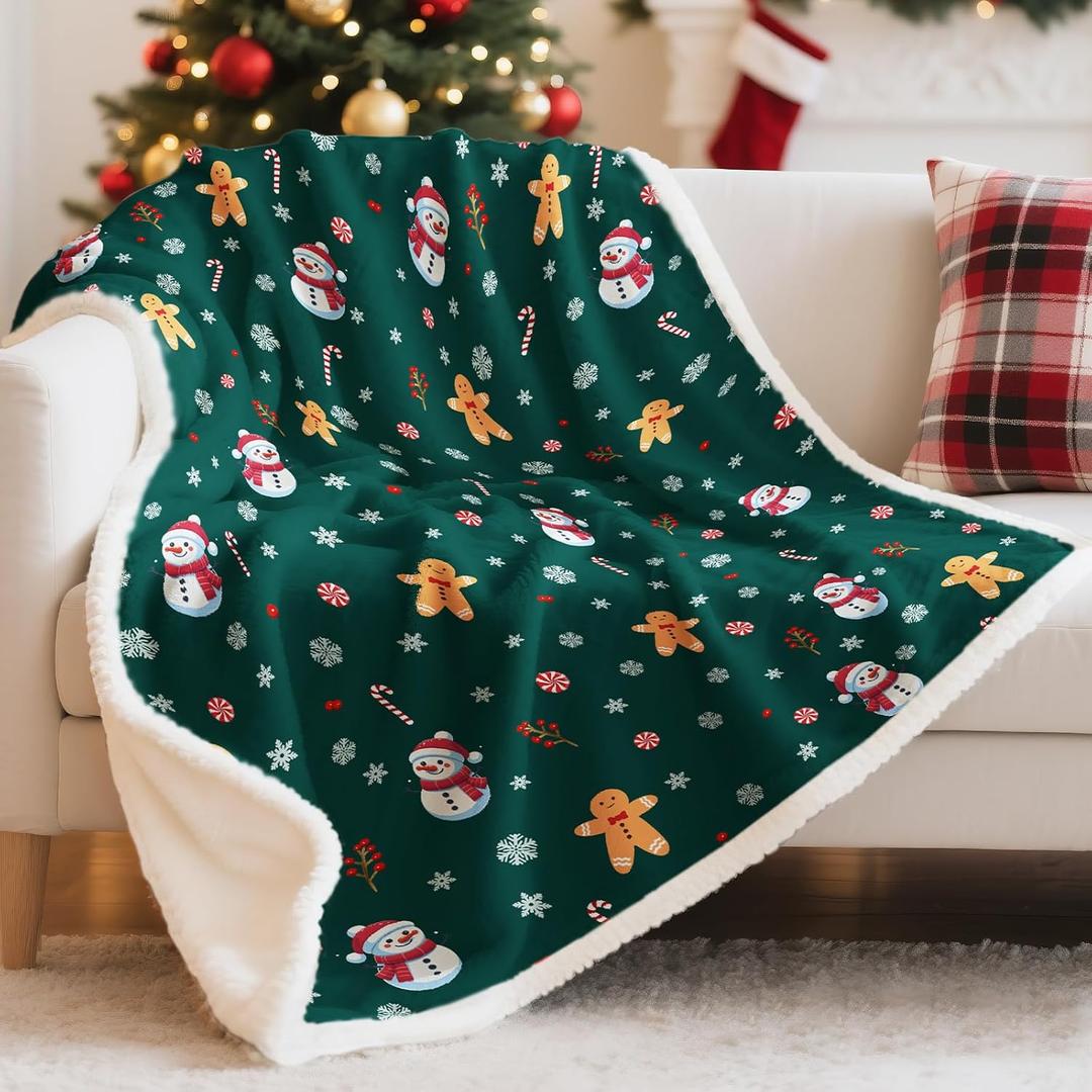 Bemaystar Sherpa Christmas Blanket, Christmas Throw Blanket, Fuzzy Fluffy Soft Cozy Blanket for Couch Bed Sofa, Cozy Reversible Microfiber Blanket, Gifts for Mom Dad Kids, 50x60 in (Snowman Gingerbread Man)