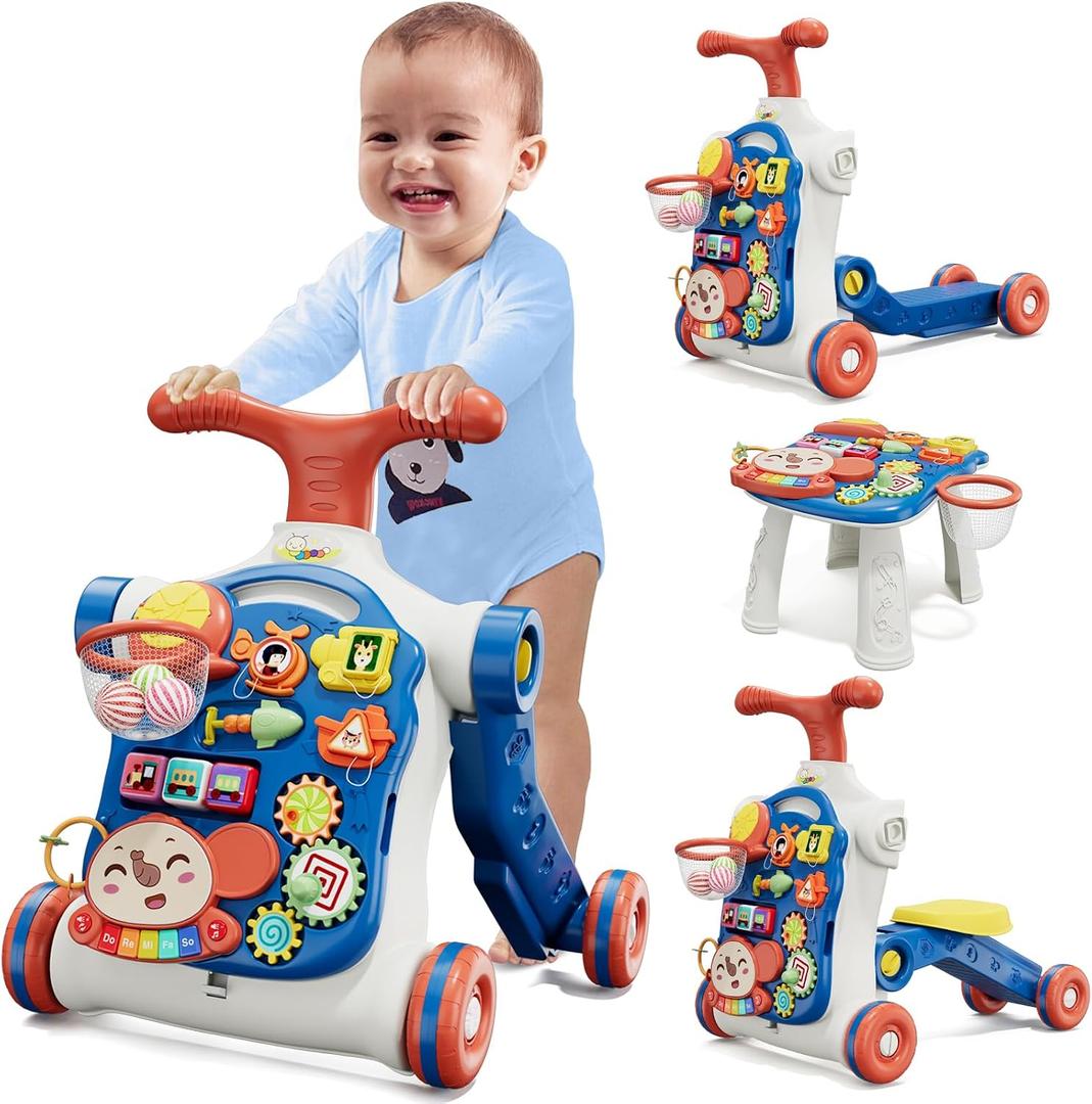 HYES 5 in 1 Baby Push Walker for Baby Boy, Activity Center Learning to Walk, Sit to Stand, Early Learning Push Toys for Infant 12 Months, Walking Toys Gift for Toddler Boys, Blue, 13 Inches X 16 Inches X 7 Inches