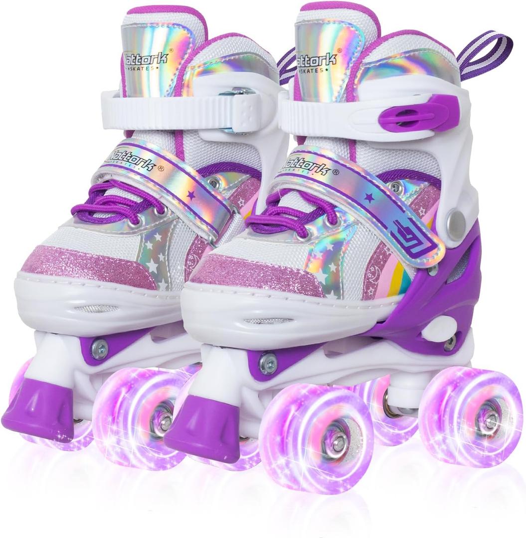 Nattork Girls Roller Skates for Kids,Rainbow Quad Skates with All Light Up Wheels - Best Birthday Gift for Outdoor Sports, Small(10C-13C), Sparkling Purple