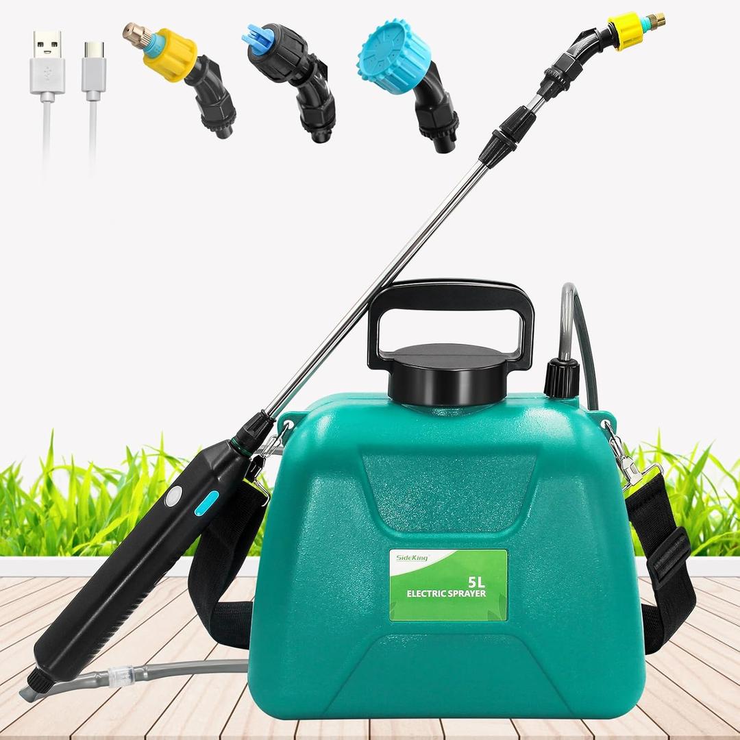 1.35 Gallon/5L Battery Powered Electric Sprayer with USB Rechargeable Handle, Portable Garden Sprayer with 23.6" Telescopic Wand, 3 Mist Nozzles and Adjustable Shoulder Strap (Green)