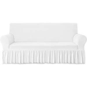NICEEC Sofa Cover Thick Plush 1-Piece Warm White Sofa Slipcover for Sofas Stretch Fluffy Couch Covers for Living Room Easy Fit Washable Soft Furniture Sofa Protector with Skirt (Large)