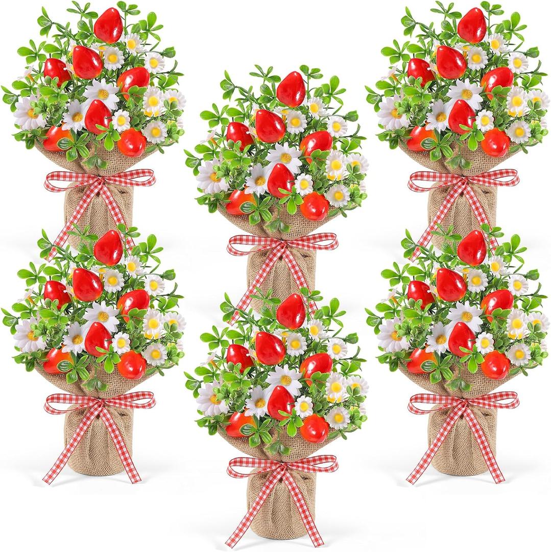 6 Pack Small Strawberry Table Centerpiece Artificial Potted Strawberry Flowers in Burlap Bag Vases Fake Strawberry Daisy Plants for Mother's Day Spring Summer Home Farmhouse Tiered Tray Display Decor