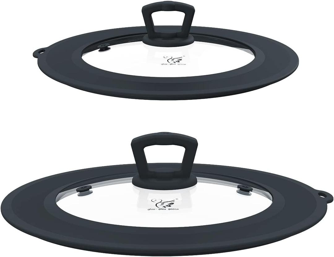 Set of 2 Vented Tempered Glass Universal Lid for Pot Pan Skillet with Heat Resistant Silicone Microwave Safe Splatter Lid Cover Fit 8 8.5 9 and 9.5 10 10.5 11, Grey