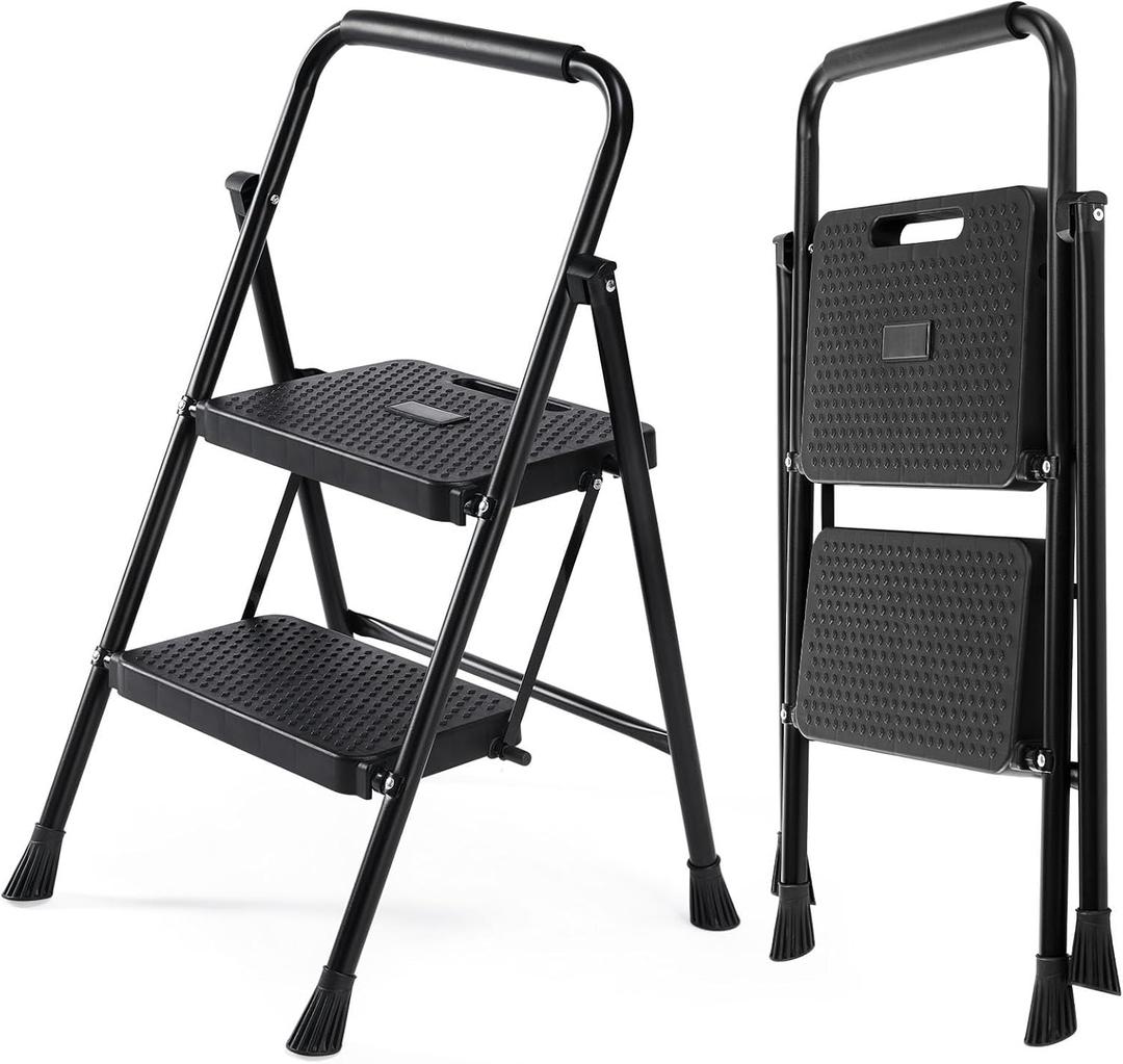 DUMOS Step Ladder, 2 Sturdy Step Stool with Anti-Slip Pedal & Comfortable Handrail, Portable Heavy Duty Step Stool for Kitchen, Garage & Outdoor Use, 800lbs, Black