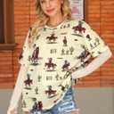 MYMORE Women's Oversized Western Cowgirl Graphic T Shirts 2 in 1 Short Mesh Sleeve Vintaged Rodeo Print Shirt with Thumb Hole (L)