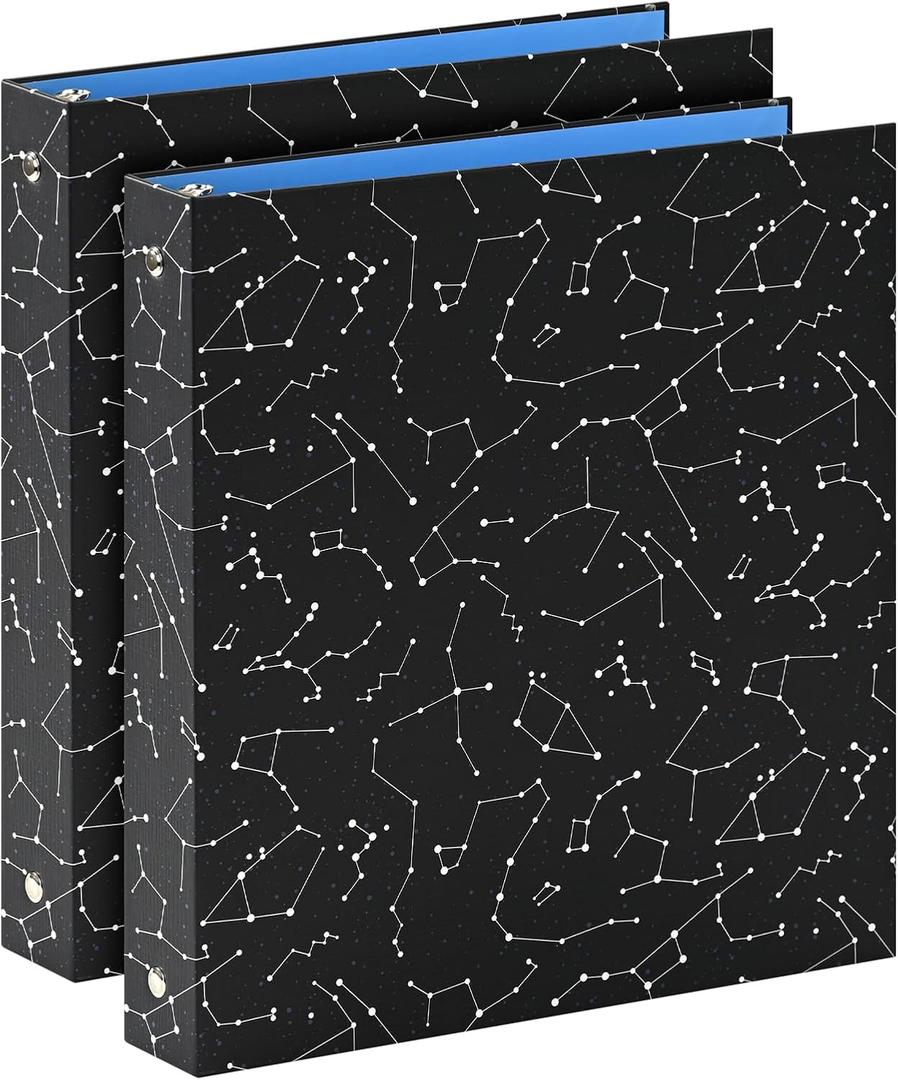 SUIN 1-inch 3-Ring-Binder with Pockets, Decorative 12 Zodiac Star Chain, 1" Stylish Round Ring Binder for Work/Home/Back to School,2-Pack