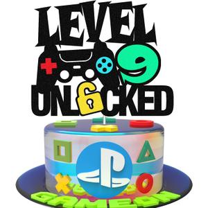 2 x Level Up 9th Birthday Cake Topper - Happy 9th, Double Sided, Video Game Controller Themed Kids Bday Party Supplies