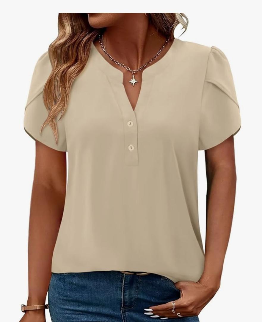 Womens Tops Dressy Casual Short Sleeve Pleated Tshirt  Summer Loose Fitting Blouse Fashion V Neck Business Shirt, M