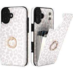 HAOPINSH for iPhone 16 Plus Wallet Case with Card Holder, 360Rotation Ring Kickstand, White Leopard Pattern, RFID Blocking Leather for Girls Women, Double Buttons Protective Cover 6.7"