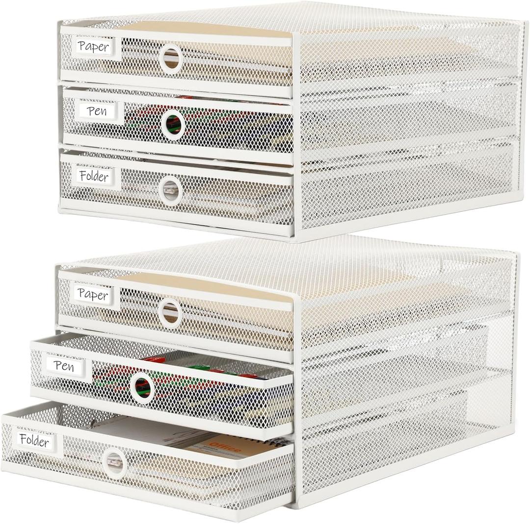 Zhanmai Pack of 2 Desk Organizer with Drawer Total 6 Tiers, Wire Mesh Organizers Tray Multifunctional Paper Sorter File Stand for Home Office Supplies Storage Letter A4 Paper Office Accessories(White)