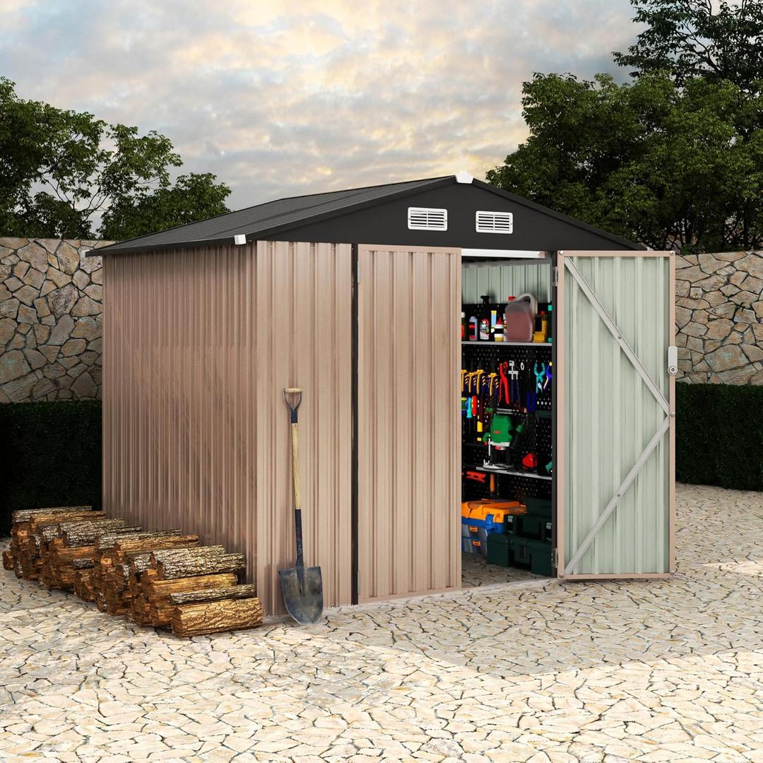 Outdoor Sheds 6x8, Outdoor Storage Shed Garden Tool Shed for Backyard, Utility Sheds Buildings with Air Vent (Brown)