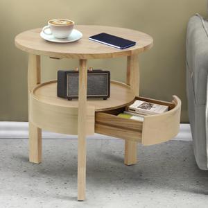 Round Coffee Table with Hidden Drawer - 20" D x 20" H Real Oak Wood Round Side Table with Storage, 2-Tier Round End Table for Sofa, Small Circle Coffee Table with Drawer for Living Room, Beige