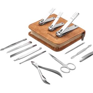 FAMILIFE Manicure Set, Nail Professional Kit Manicure Kits Nail Clipper Sets, 13PCS Stainless Steel Pedicure Sets Mens Grooming Tool, with Brown Leather Travel Case for Men (Bright Silver)