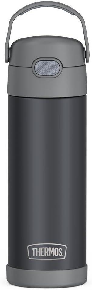 THERMOS FUNTAINER 16 Ounce Stainless Steel Vacuum Insulated Bottle with Wide Spout Lid, Matte Charcoal