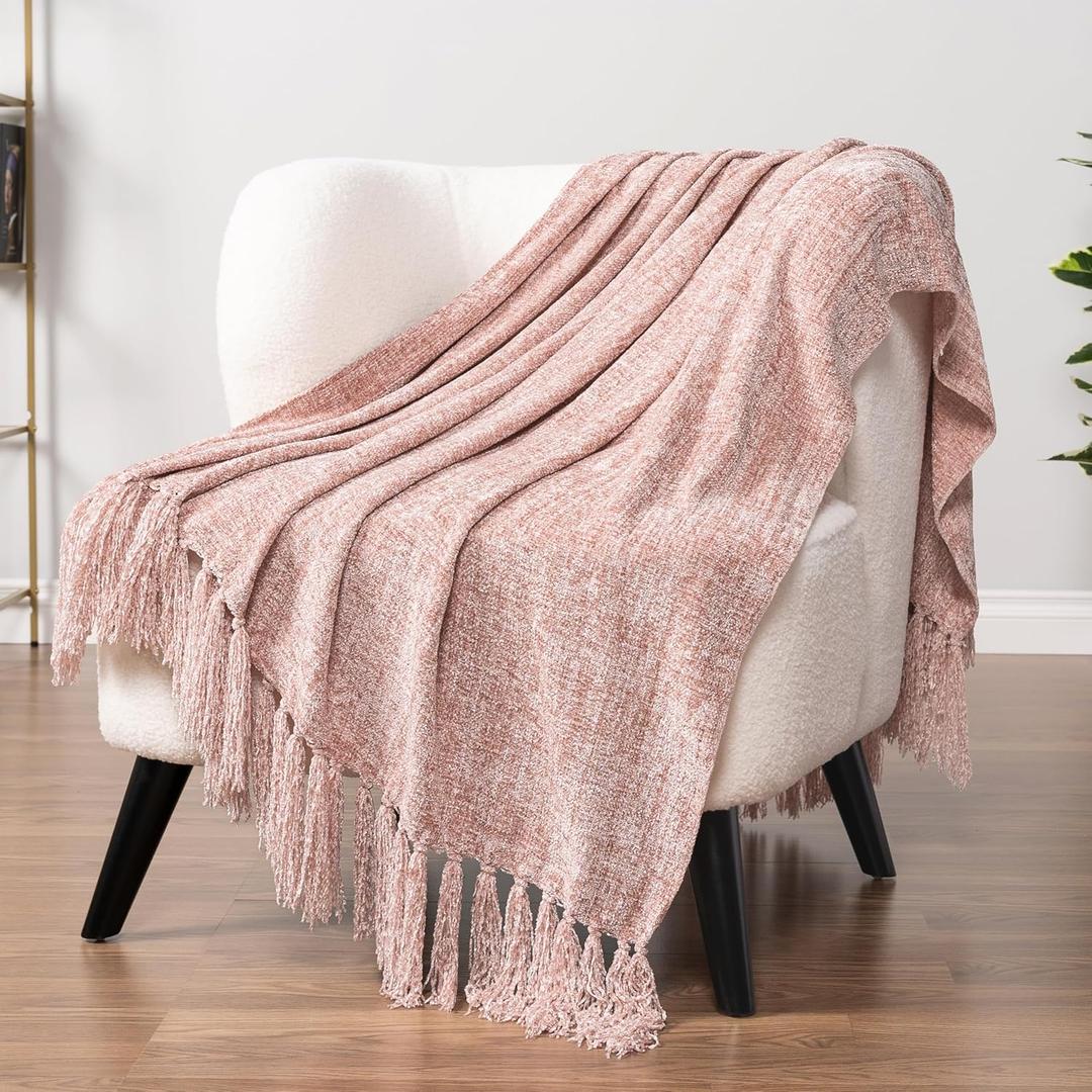 PAVILIA Pink Chenille Throw Blanket for Couch Sofa, Light Pink Soft Knit Throw with Tassel, Decorative Blanket for Bed Chair Living Room, Blush Pink 50x60