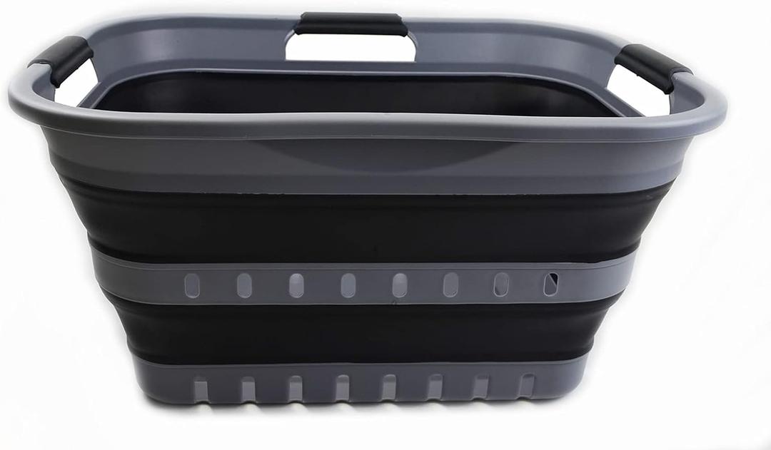 SAMMART 30L (8 Gallon) Collapsible 3 Handled Plastic Laundry Basket - Foldable Pop Up Storage Container/Organizer - Space Saving Hamper/Basket (Grey/Black) 