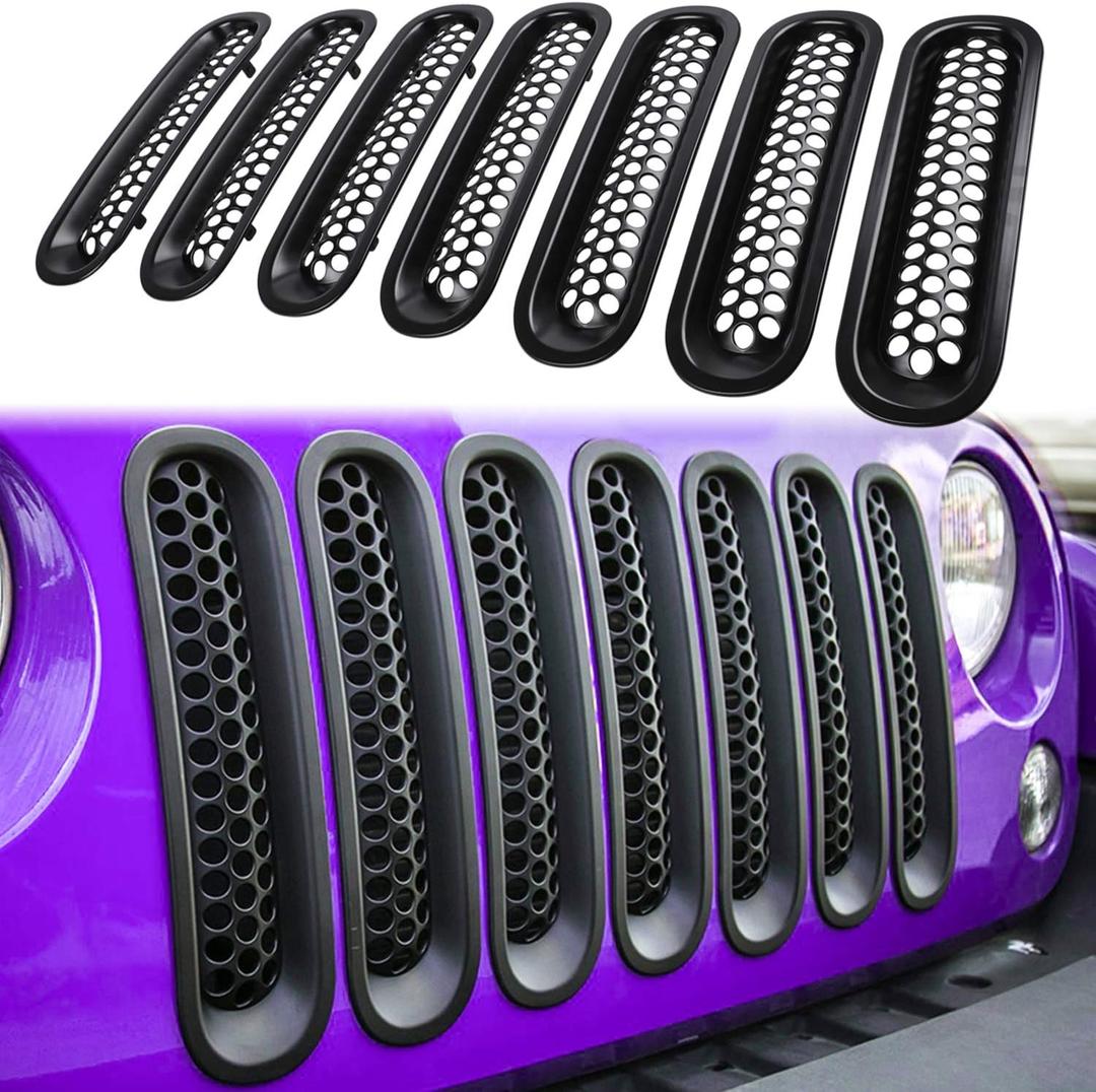 7PCS Front Grill Mesh Inserts for Jeep Wrangler JK JKU Unlimited 2007 2008 2009 2010 2011 2012 2013 2014 2015 2016 2017 2018 Grille Guard Cover Trim Clip-in Exterior Accessories (Matte Black)
