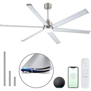 Minislak 84" Smart Industrial Ceiling Fans with Light and Remote,6 Dual-Layer Aluminum Blades,Large Brushed Nickel Ceiling Fan with 6 Speed Noiseless DC Motor,Indoor/Outdoor Ceiling Fan for patio