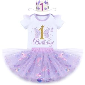 IBTOM CASTLE Baby Girl 1st Birthday Cake Smash Outfit Sequin Butterfly Romper Princess Tutu Dress Headband Photoshoot Clothes (1T)