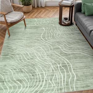 LIVEBOX Machine Washable Modern Abstract 6x9 Area Rug, Non Slip Large Bedroom Living Room Nursery Girl Rug Minimalist Wave Striped Neutral Boys Rug, Carpet for Dining Room Playroom(Sage Green,6'x9')
