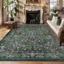 Floral 8x10 Area Rugs for Living Room, Machine Washable Vintage Rug Boho Low Pile Carpets Non Slip Soft Carpet for Farmhouse Bedroom Office Rugs, Kids Room, Nursery Room, Playroom, Green