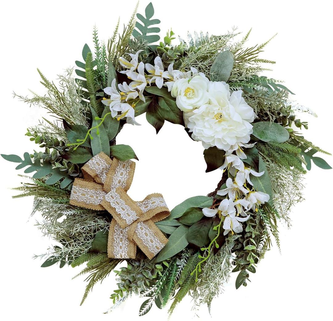 22 Inch Winter Wreath for Front Door - Green Greenery with White Blooms and Elegant Bow - Weatherproof Outdoor Christmas & Holiday Welcome Decor