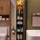 HAIOOU 67" Tall Bathroom Storage Cabinet with Light,11.8"W Narrow Bathroom Cabinet with Adjustable Glass Shelves,Slim Freestanding Cabinet for Small Spaces,Skinny Cabinet for Kitchen,Living Room Green, 11.8"W*11.8"D*66.9"H