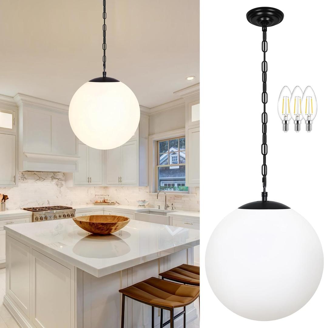 KoKo&Yukina 14" Black Globe Pendant Light Mid Century Pendant Light Milk Glass Pendant Lights Kitchen Island Adjustable Hanging Light Fixture for Dining Room Bedroom Kitchen Island, 13.7 inch - standard