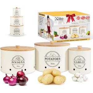 Canister Sets for Kitchen Counter with Wooden Bamboo Lids, Kitchen Canisters for Countertop, Stackable Steel Farmhouse Canisters for Potato Storage, Onion and Potato Storage Bins - Cream